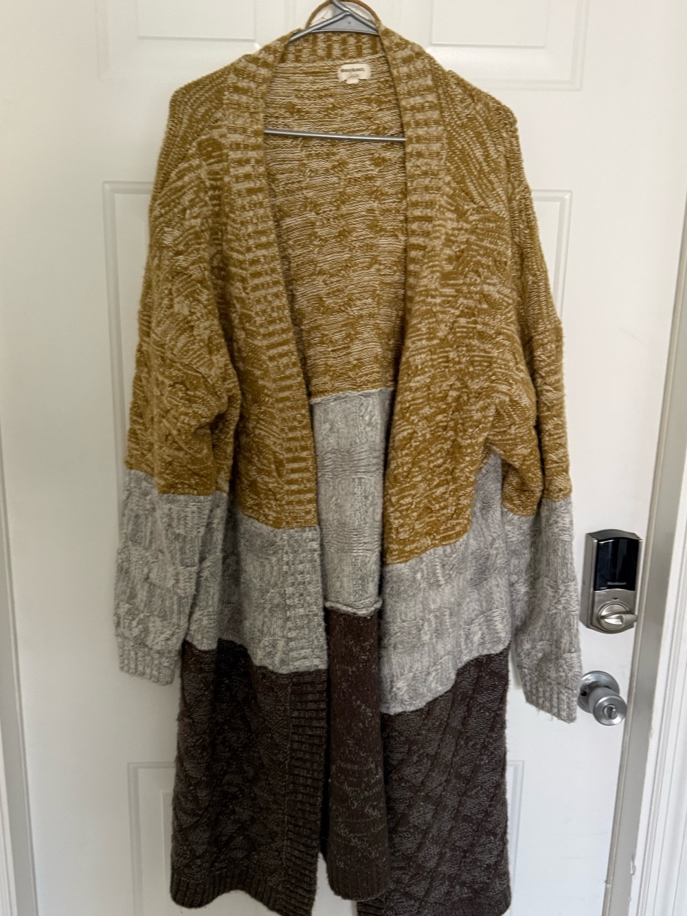 World Market Colorblock Open-Front Long Cardigan in Mustard, Gray & Brown